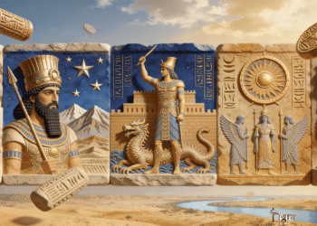 Evolución de la mitología de Mesopotamia a través de 4 civilizaciones: Panel sumerio con templo y cuneiforme, panel acadio con rey coronado, panel babilónico con guerrero y dragón Mushhushshu, panel con disco de Shamash y Lamassu alado, panel asirio final con Lamassu colosal y cuneiforme.