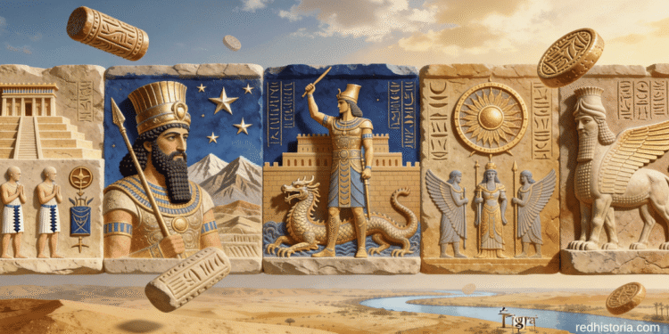 Evolución de la mitología de Mesopotamia a través de 4 civilizaciones: Panel sumerio con templo y cuneiforme, panel acadio con rey coronado, panel babilónico con guerrero y dragón Mushhushshu, panel con disco de Shamash y Lamassu alado, panel asirio final con Lamassu colosal y cuneiforme.