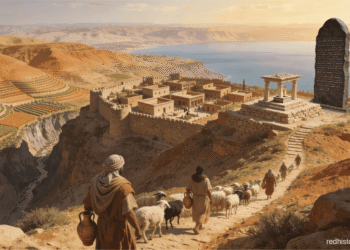 Dibón, capital del reino de los moabitas, con la Estela de Mesha en primer plano. Al fondo, el Mar Muerto. Pastores con rebaños de ovejas descienden hacia la ciudad fortificada en el paisaje árido de Moab.