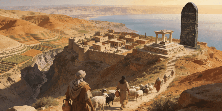 Dibón, capital del reino de los moabitas, con la Estela de Mesha en primer plano. Al fondo, el Mar Muerto. Pastores con rebaños de ovejas descienden hacia la ciudad fortificada en el paisaje árido de Moab.