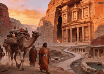 Reconstrucción artística de Petra, capital del reino nabateo, mostrando la arquitectura helenística tallada en roca arenisca rosada, con caravanas de comerciantes nabateos transportando incienso a través del Siq, e infraestructura de canales de agua nabateos en el desierto del Levante antiguo durante el apogeo comercial nabateo (siglos I a.C.-I d.C.)