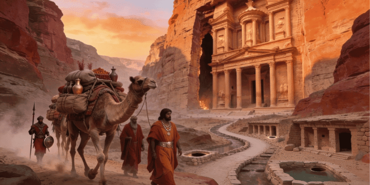 Reconstrucción artística de Petra, capital del reino nabateo, mostrando la arquitectura helenística tallada en roca arenisca rosada, con caravanas de comerciantes nabateos transportando incienso a través del Siq, e infraestructura de canales de agua nabateos en el desierto del Levante antiguo durante el apogeo comercial nabateo (siglos I a.C.-I d.C.)