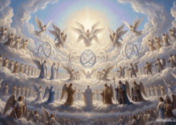 Los nueve coros de ángeles organizados en tres tríadas: serafines de seis alas en lo alto, dominaciones con cetro y arcángeles guerreros en el nivel intermedio, y ángeles mensajeros en el inferior