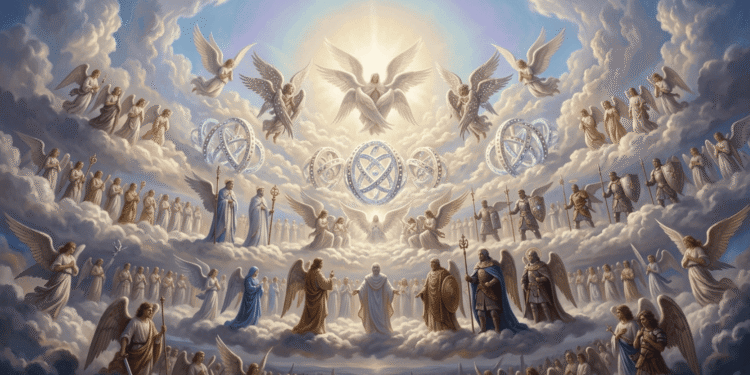 Los nueve coros de ángeles organizados en tres tríadas: serafines de seis alas en lo alto, dominaciones con cetro y arcángeles guerreros en el nivel intermedio, y ángeles mensajeros en el inferior