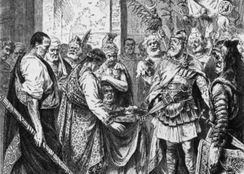 Deposición de Rómulo Augústulo por Odoacro 476 dC grabado histórico salón de audiencia emperador germánico