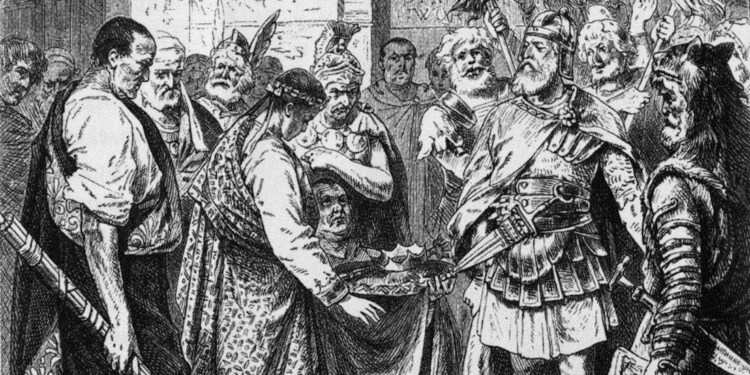 Deposición de Rómulo Augústulo por Odoacro 476 dC grabado histórico salón de audiencia emperador germánico