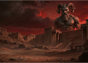 Origen del diablo: figura demoníaca con cuernos sobre templo del Próximo Oriente con símbolo zoroástrico Faravahar