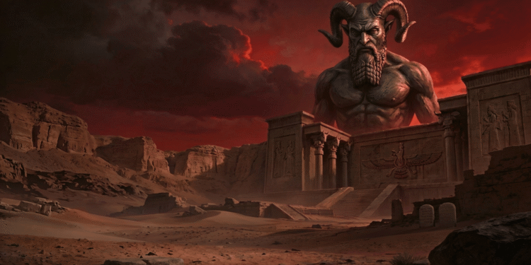 Origen del diablo: figura demoníaca con cuernos sobre templo del Próximo Oriente con símbolo zoroástrico Faravahar