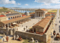 Ciudad romana provincial durante la Pax Romana con foro, mercado, calzada y acueducto al fondo, reflejo de la prosperidad del Alto Imperio romano.