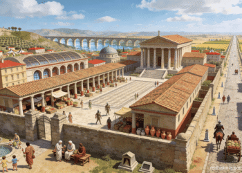 Ciudad romana provincial durante la Pax Romana con foro, mercado, calzada y acueducto al fondo, reflejo de la prosperidad del Alto Imperio romano.