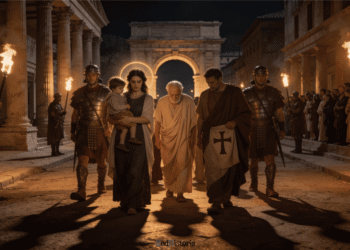 Cristianos siendo escoltados por soldados romanos en una calle nocturna de la ciudad romana, iluminada por antorchas de fuego. Soldados legionarios con armadura custodian a cristianos, incluyendo ancianos y familia, durante la persecución de cristianos en el Imperio Romano (siglo II).