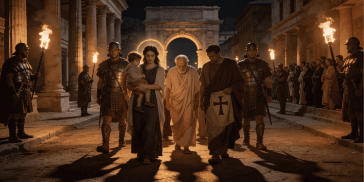 Cristianos siendo escoltados por soldados romanos en una calle nocturna de la ciudad romana, iluminada por antorchas de fuego. Soldados legionarios con armadura custodian a cristianos, incluyendo ancianos y familia, durante la persecución de cristianos en el Imperio Romano (siglo II).