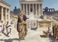 Recreación del Foro de Augusto en Roma con el templo de Marte Ultor al fondo, senadores y legionarios, símbolo del Principado romano.