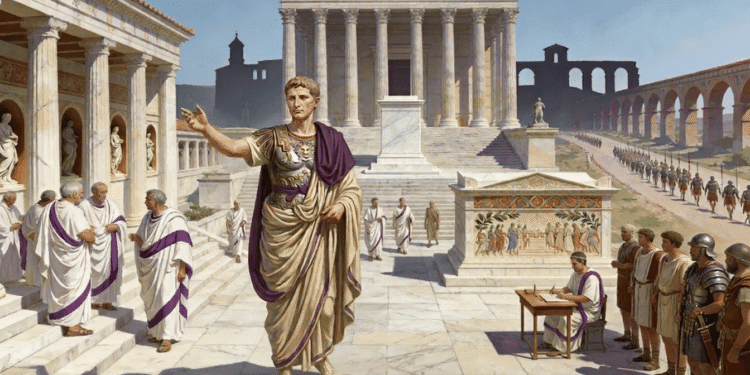 Recreación del Foro de Augusto en Roma con el templo de Marte Ultor al fondo, senadores y legionarios, símbolo del Principado romano.