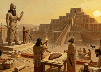 Ceremonia de la religión acadia con rey semidivino ante zigurat, ilustrando la divinización del soberano y el sincretismo religioso del imperio acadio