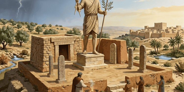 Religión aramea: templo antiguo con estatua de Hadad dios tormenta Levante, sacerdotes realizando sacrificio ritual, símbolos solares lunares, inscripciones arameas, arquitectura religiosa Siria antigua, santuario Damasco periodo helenístico.