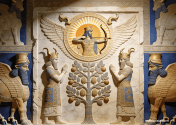 Religión asiria: Shamash/disco alado en centro con arco, flanqueado por Lamassu (toros alados protectores) y dioses asirios con árboles sagrados, representando militarización del panteón y poder imperial