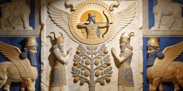 Religión asiria: Shamash/disco alado en centro con arco, flanqueado por Lamassu (toros alados protectores) y dioses asirios con árboles sagrados, representando militarización del panteón y poder imperial