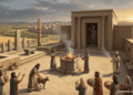 Ritual religioso cananeo en templo de piedra con altar de sacrificio, sacerdotes y comunidad realizando ofrenda agrícola, representando el culto politeísta de la antigua religión cananea