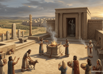 Ritual religioso cananeo en templo de piedra con altar de sacrificio, sacerdotes y comunidad realizando ofrenda agrícola, representando el culto politeísta de la antigua religión cananea
