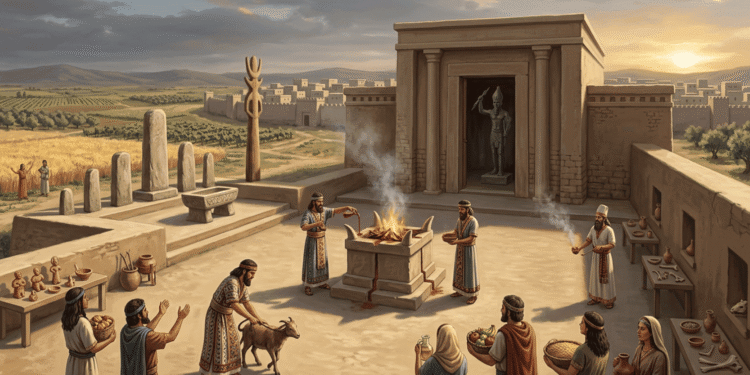 Ritual religioso cananeo en templo de piedra con altar de sacrificio, sacerdotes y comunidad realizando ofrenda agrícola, representando el culto politeísta de la antigua religión cananea