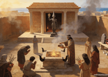 Ilustración de un templo filisteo en la Edad del Hierro con sacerdotes y fieles realizando sacrificios y ofrendas a sus dioses, representación visual de la religión filistea y sus rituales.