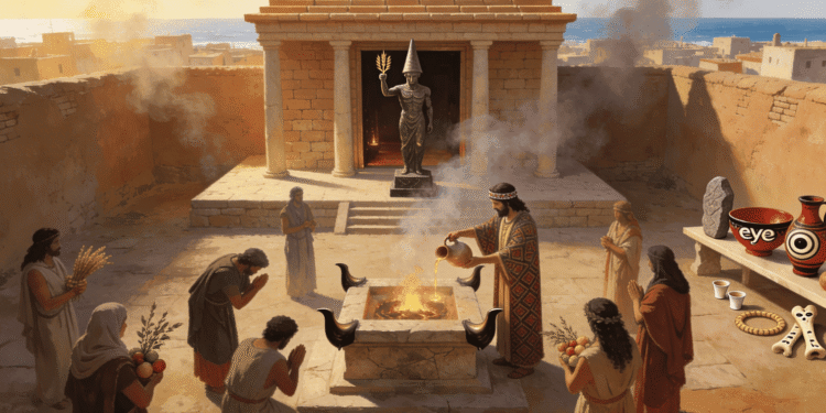 Ilustración de un templo filisteo en la Edad del Hierro con sacerdotes y fieles realizando sacrificios y ofrendas a sus dioses, representación visual de la religión filistea y sus rituales.