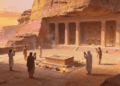 Reconstrucción artística de la religión nabatea en santuario de Petra. Sacerdotes y fieles en ceremonia de ofrendas alrededor del altar central, quemando incienso (visible el humo) hacia los dioses. Al fondo, templo helenístico tallado en arenisca rosada del desierto, decorado con símbolos solares y patrones geométricos nabateos. Vasijas de oro con libaciones y ofrendas de incienso. Representación del sincretismo religioso nabateo: arquitectura griega, deidades semitas, prácticas rituales antiguas. Siglos I a.C. - I d.C., período de máximo esplendor del reino nabateo.