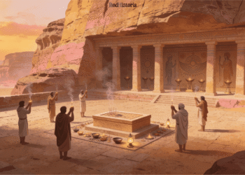 Reconstrucción artística de la religión nabatea en santuario de Petra. Sacerdotes y fieles en ceremonia de ofrendas alrededor del altar central, quemando incienso (visible el humo) hacia los dioses. Al fondo, templo helenístico tallado en arenisca rosada del desierto, decorado con símbolos solares y patrones geométricos nabateos. Vasijas de oro con libaciones y ofrendas de incienso. Representación del sincretismo religioso nabateo: arquitectura griega, deidades semitas, prácticas rituales antiguas. Siglos I a.C. - I d.C., período de máximo esplendor del reino nabateo.