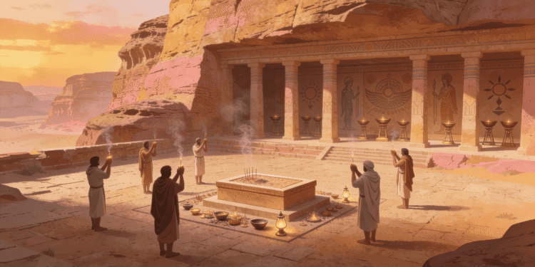 Reconstrucción artística de la religión nabatea en santuario de Petra. Sacerdotes y fieles en ceremonia de ofrendas alrededor del altar central, quemando incienso (visible el humo) hacia los dioses. Al fondo, templo helenístico tallado en arenisca rosada del desierto, decorado con símbolos solares y patrones geométricos nabateos. Vasijas de oro con libaciones y ofrendas de incienso. Representación del sincretismo religioso nabateo: arquitectura griega, deidades semitas, prácticas rituales antiguas. Siglos I a.C. - I d.C., período de máximo esplendor del reino nabateo.