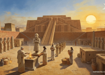Templo sumerio con ziggurat, sacerdotes realizando rituales, ofrendas de comida, fuego en altar, estatuas de dioses, ciclo solar-lunar, cosmología y religión sumeria