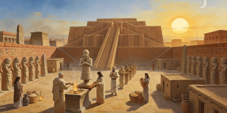 Templo sumerio con ziggurat, sacerdotes realizando rituales, ofrendas de comida, fuego en altar, estatuas de dioses, ciclo solar-lunar, cosmología y religión sumeria