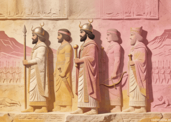 Seis reyes acadios en relieve: de izquierda a derecha representan imperio militar, con coronas características, lanza, espada y arco dorado. Cuneiforme acadio en techo. Ejércitos mesopotamios flanquean a los monarcas. Montañas de territorios conquistados al fondo. Paleta beige, rosa terracota, oro. Representación de Sargón, Rimush, Manishtusu, Naram-Sin y sucesores