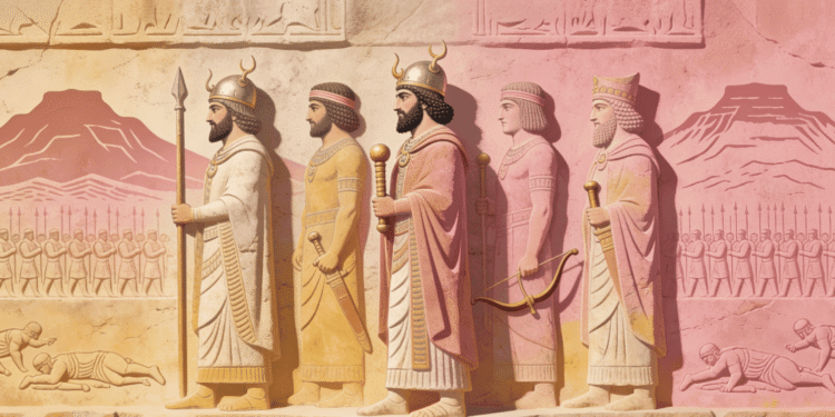 Seis reyes acadios en relieve: de izquierda a derecha representan imperio militar, con coronas características, lanza, espada y arco dorado. Cuneiforme acadio en techo. Ejércitos mesopotamios flanquean a los monarcas. Montañas de territorios conquistados al fondo. Paleta beige, rosa terracota, oro. Representación de Sargón, Rimush, Manishtusu, Naram-Sin y sucesores