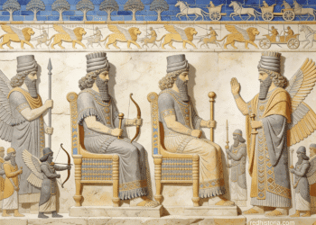 Cinco reyes asirios sentados y de pie con coronas cilíndricas, lanza, arco, espada dorado. Alas divinas, tronos dorados, guardias. Friso superior con caballos y carros de guerra. Leones dorados, cuneiforme asirio, paleta azul lapislázuli y dorado