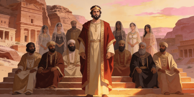 Reyes nabateos, reconstrucción artística de la corte nabatea en Petra durante el apogeo del reino (siglos I a.C. - I d.C.). El rey Aretas III o Aretas IV preside rodeado de consejeros, reinas consortes y miembros de la familia real, todos en vestuario helenístico-árabe con joyas de oro. Al fondo, la arquitectura de Petra tallada en arenisca rosada bajo el atardecer del desierto Levantino. La imagen representa la sofisticación política y cultural del reino nabateo en su máximo esplendor.