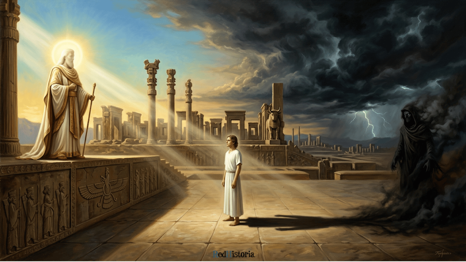 Dualismo zoroástrico en Persépolis: Ahura Mazda y Angra Mainyu flanqueando a un humano entre columnas persas con el símbolo Faravahar