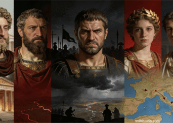 Transición del imperio Antonino a la Crisis del Siglo III. Retrato de cinco emperadores romanos del período 192-235 dC: Cómodo, Septimio Severo, Caracalla, Elagábalo y Alejandro Severo. De izquierda a derecha, la imagen transiciona de un fondo dorado (estabilidad imperial) a atmósfera de guerra y oscuridad (crisis), finalizando con un mapa del imperio fragmentado, representando visualmente el colapso del sistema antonino y la militarización del poder imperial