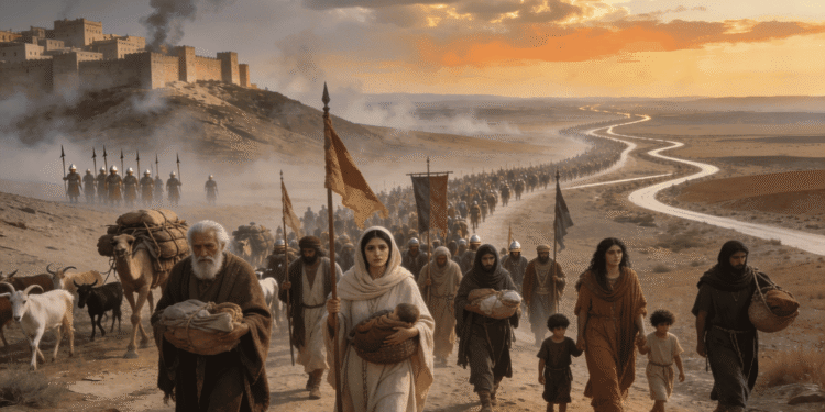 Las 10 tribus perdidas del norte. Deportación masiva de israelitas del norte en 722 a.C.: multitud de civiles, familias y ancianos caminan bajo custodia militar asiria hacia el exilio, con Samaria y el río Éufrates al fondo