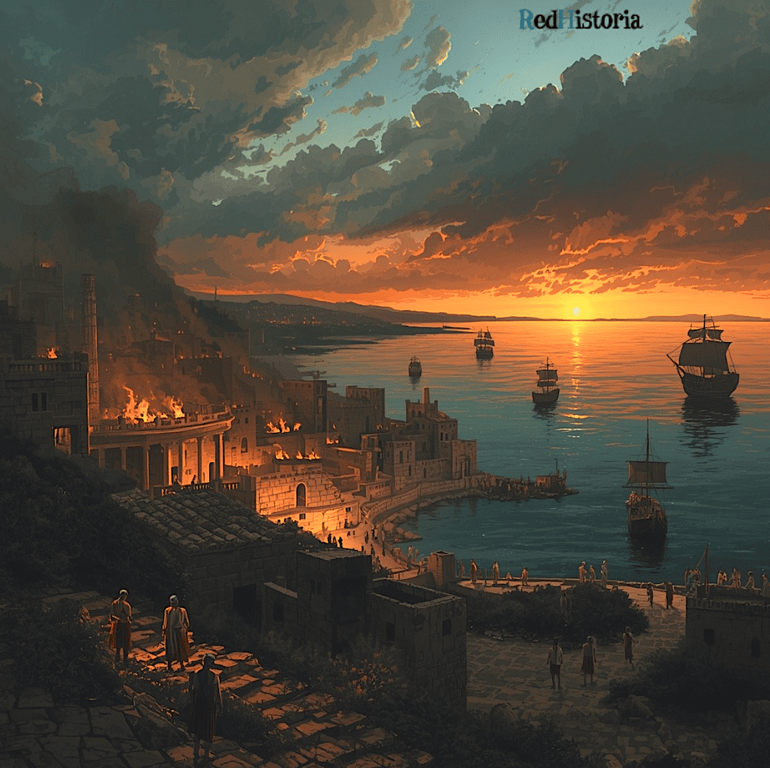 Ataque de Pueblos del Mar a ciudad costera levantina. Naves invasoras se acercan al atardecer, ciudad en llamas, población en costa observando invasión. Representa el momento de llegada de invasores al Mediterráneo oriental alrededor de 1200 a.C.