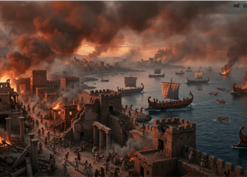 Invasión de Pueblos del Mar durante ls Crisis del Bronce Tardío (1200 a.C.). Ciudad costera levantina en llamas, murallas siendo atacadas por naves invasoras, población huyendo, arquitectura fortificada en destrucción total. Representa el colapso sincronizado de civilizaciones del Mediterráneo oriental.