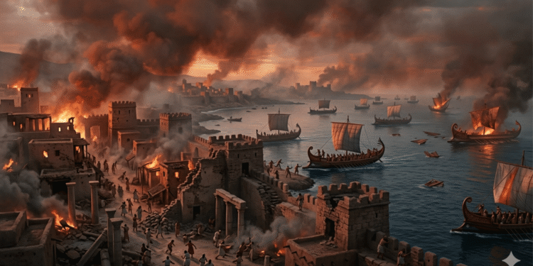 Invasión de Pueblos del Mar durante ls Crisis del Bronce Tardío (1200 a.C.). Ciudad costera levantina en llamas, murallas siendo atacadas por naves invasoras, población huyendo, arquitectura fortificada en destrucción total. Representa el colapso sincronizado de civilizaciones del Mediterráneo oriental.