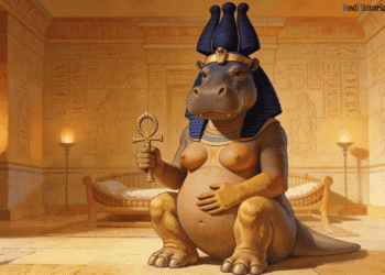 Taweret, la diosa hipopótamo, sentada en majestad con su vientre embarazado visiblemente prominente. Sostiene el ankh de la vida eterna, simbolizando su poder como protectora de mujeres embarazadas e infantes.