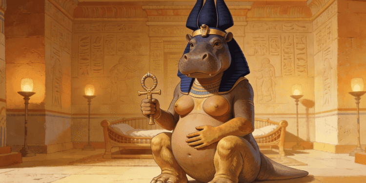 Taweret, la diosa hipopótamo, sentada en majestad con su vientre embarazado visiblemente prominente. Sostiene el ankh de la vida eterna, simbolizando su poder como protectora de mujeres embarazadas e infantes.