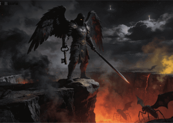 Abadón, el ángel del abismo del Apocalipsis, con alas negras, llave del abismo y espada, sobre el pozo infernal rodeado de langostas demoníacas