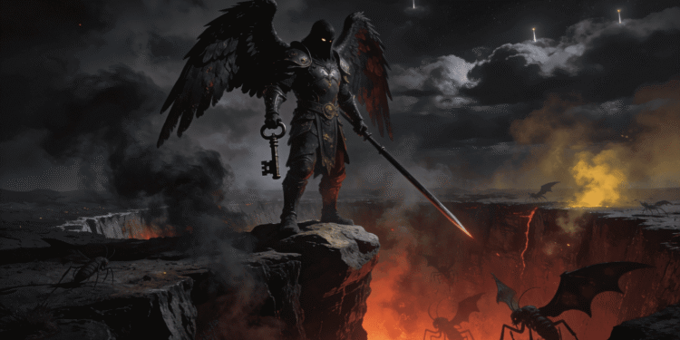 Abadón, el ángel del abismo del Apocalipsis, con alas negras, llave del abismo y espada, sobre el pozo infernal rodeado de langostas demoníacas