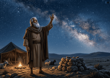 Abraham patriarca anciano levantando la mano hacia las estrellas en el desierto, con tienda seminómada, altar de piedras y ganado de fondo bajo cielo nocturno estrellado
