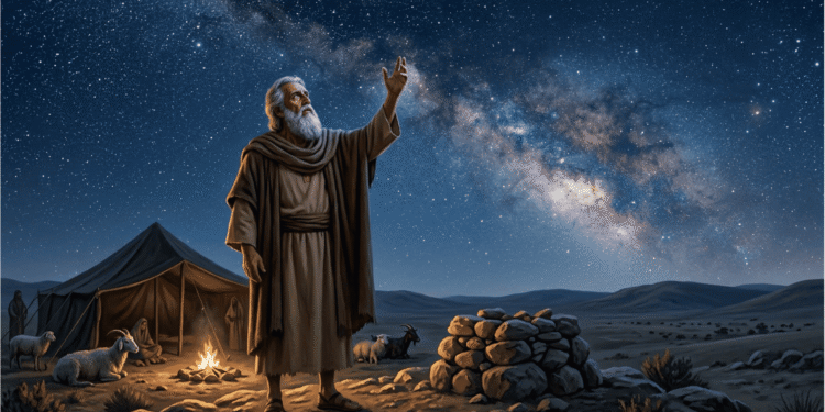Abraham patriarca anciano levantando la mano hacia las estrellas en el desierto, con tienda seminómada, altar de piedras y ganado de fondo bajo cielo nocturno estrellado
