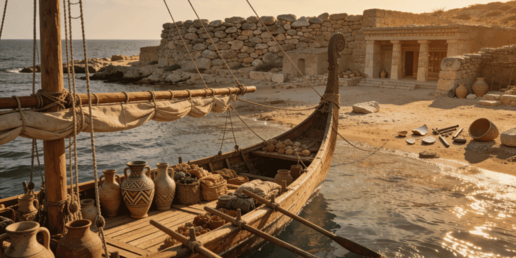 Reconstrucción de puerto minoico en la Antigua Grecia: barco mercante antiguo argado con cerámica decorada, ánforas con patrones geométricos, ruinas de fortaleza al fondo, Mediterráneo. Ilustración educativa de vida comercial en la civilización minoica (1700-1450 aC).