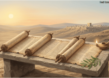 Rollos del Antiguo Testamento desplegados sobre una mesa de piedra con lámpara de aceite, rama de olivo y Jerusalén antigua al fondo en el desierto de Judea